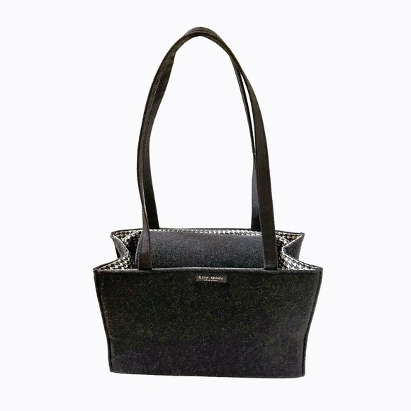 Vintage Kate Spade NY Sam Wool Shoulder Bag Charcoal Gray Houndstooth Y2K Luxury - Picture 14 of 14